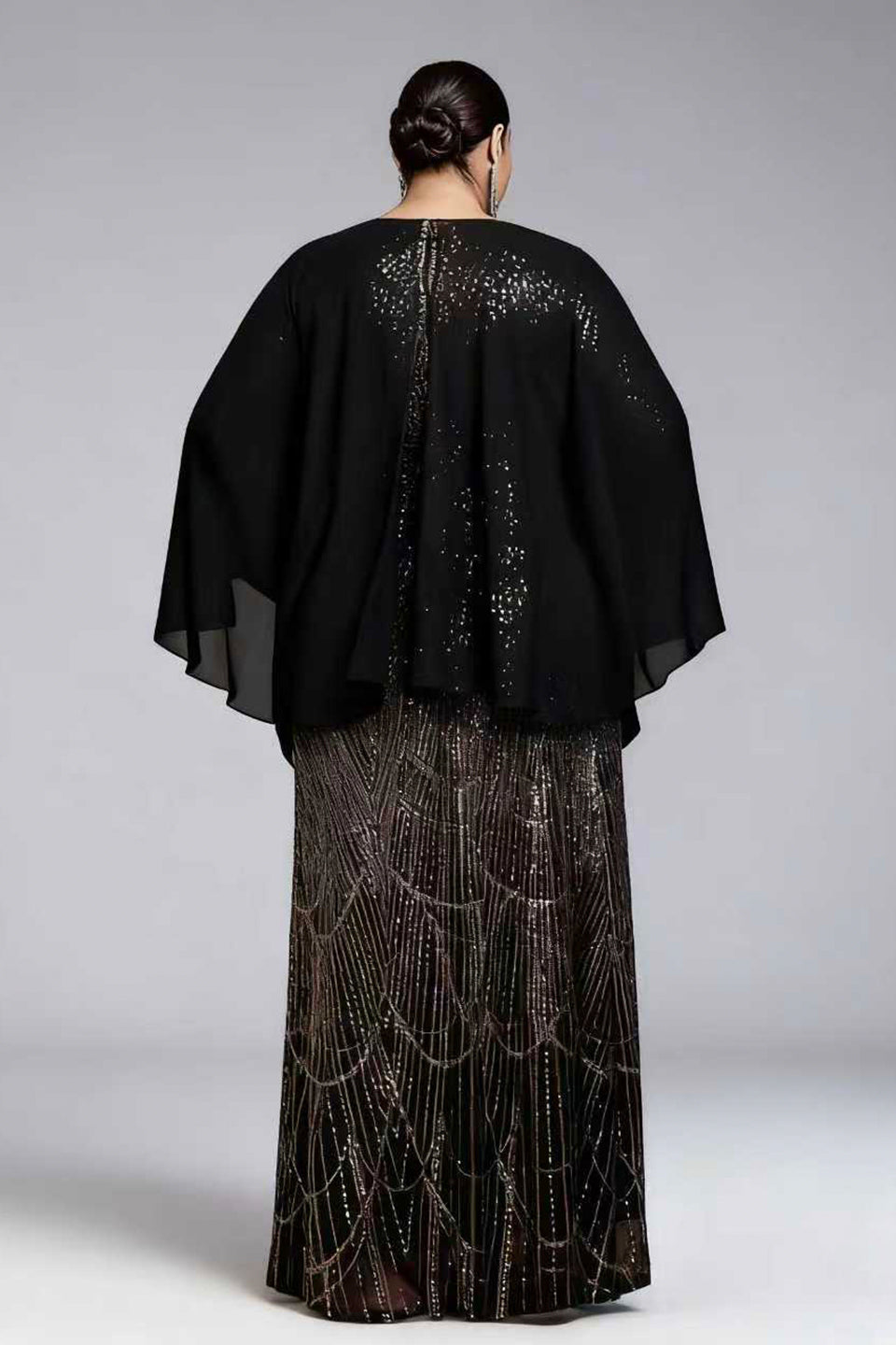 Curveins Plus Size Round Neck Striped Sequin Cape Top Gradient Maxi Dress