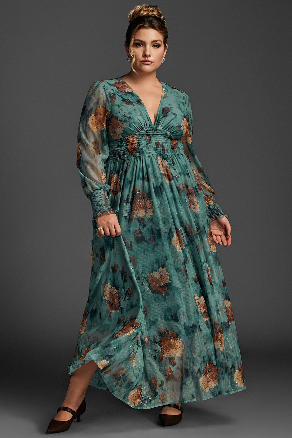 Curveins Plus Size V Neck Striped Sequin Cape Top Gradient Maxi Dress