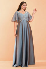 Curveins Plus Size V-Neck Batwing Sleeve Patchwork Maxi Dress
