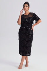 Curveins Plus Size Crew Neck Short Sleeve Sequin Fringe Velvet Maxi Dress