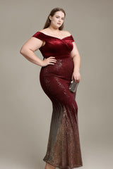 Curveins Plus Size Elegant Off-Shoulder Velvet Fishtail Long Dress
