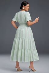 Curveins Plus Size V-Neck Striped Short Sleeve Pleated Maxi Dress