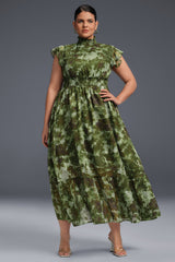 Curveins Plus Size Sleeveless Floral Ruffle Hem Mesh Maxi Dress