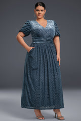 Curveins Plus Size V-Neck Velvet Plain Maxi Dress