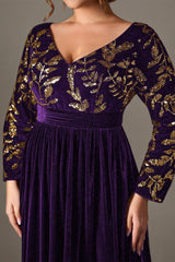 Curveins Plus Size V-Neck Long Sleeve Sequin Floral Embellished Velvet Evening Gown