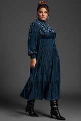 Curveins Plus Size Navy Blue Floral Velvet Maxi Dress