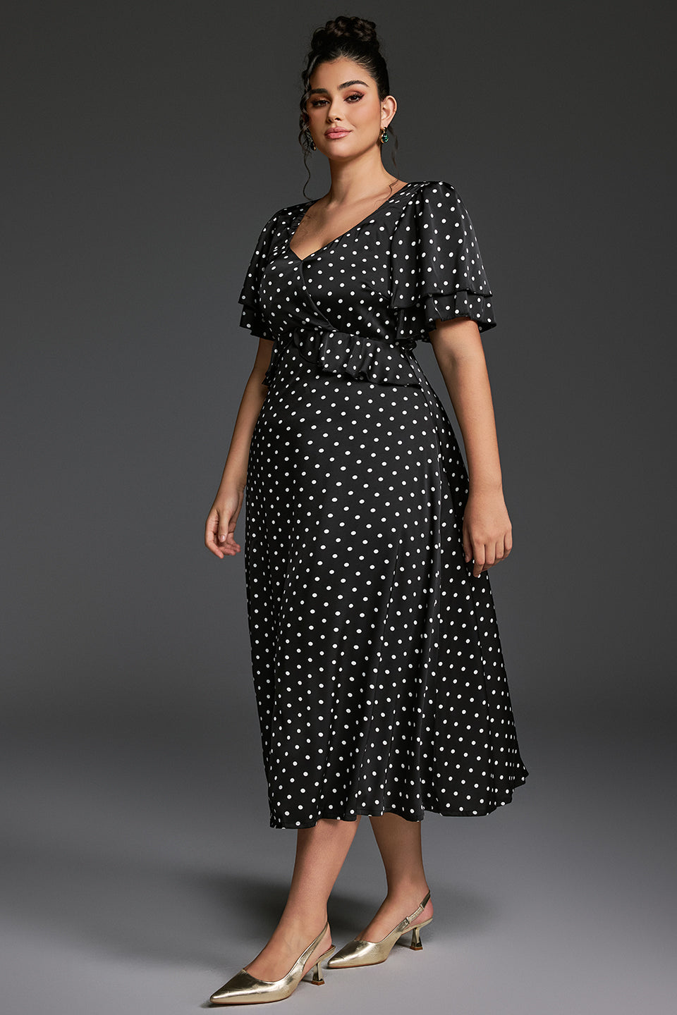 Curveins Plus Size V-Neck Double-Layered Ruffle Sleeve Maxi Dress