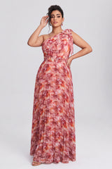Curveins Plus Size One Shoulder Striped Cinched Waist Elegant Flowing Maxi Dress
