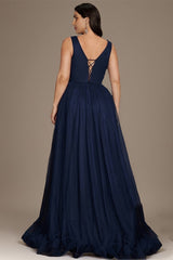 Curveins Elegant Plus Size V-Neck Sleeveless Glitter Pleated Evening Gown