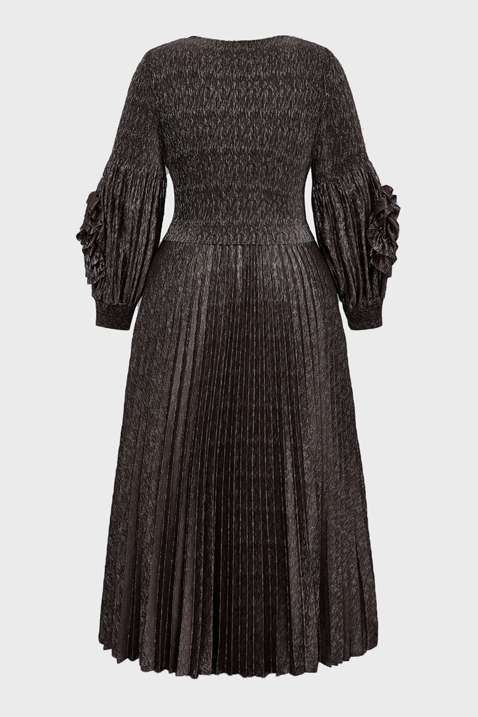 Curveins Plus Size V-Neck Long Sleeve Waist Tie Pleated Maxi Dress