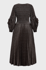 Curveins Plus Size V-Neck Long Sleeve Waist Tie Pleated Maxi Dress