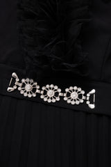 Curveins Plus Size Elegant Black V-Neck Pleated Maxi Dress with Crystal Belt