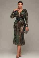Curveins Plus Size V-Neck Long Sleeve Sequin Spider Stripe Waist Midi Dress