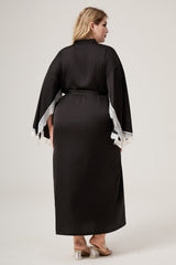 Curveins Plus Size Satin Chiffon Lace Trim Long Sleeve Elegant Robe Sleepwear