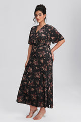 Curveins Plus Size Velvet Surplice Vintage Plain Maxi Dress
