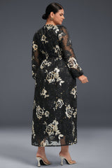 Curveins Plus Size V-Neck Long Sleeve Floral Slit Hem Maxi Dress