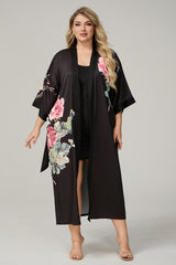 Curveins Plus Size Satin Floral Print 3/4 Sleeve Loose Pajama Set Sleepwear