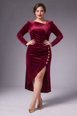 Curveins Plus Size Velvet Asymmetric One Shoulder Long Sleeve Ruched Slit Elegant Midi Dress