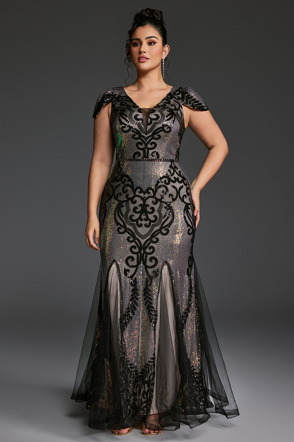 Curveins Plus Size Sequin V-Neck Bodycon Maxi Dress