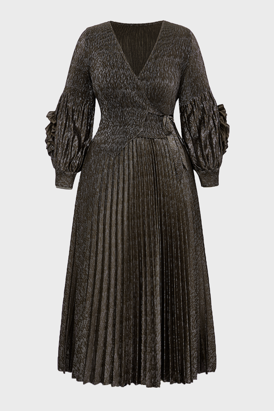 Curveins Plus Size V-Neck Long Sleeve Waist Tie Pleated Maxi Dress