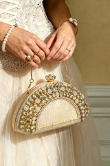 Curveinse Champagne Gold Rhinestone Fan Evening Clutch Bag