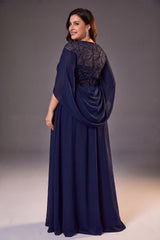Curveins Plus Size Crew Neck Cape Sleeve Panelled Elegant Flowy Maxi Dress