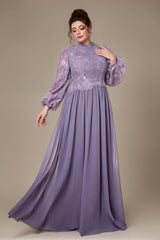 Curveins Plus Size High Neck Lantern Sleeve Embroidered Panel Maxi Dress