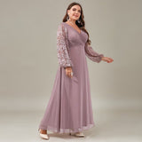 Curveins Plus Size V Neck Lantern Sleeve Sequin Evening Maxi Dress