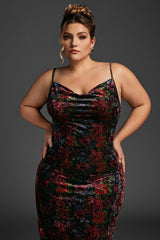 Curveins Plus Size V-Neck Velvet Sleeveless Split Hem Plain Maxi Dress
