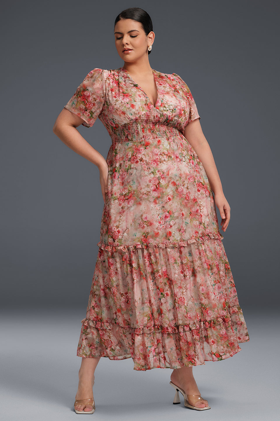 Curveins Plus Size V-Neck Floral Ruffle Sleeve Maxi Dress