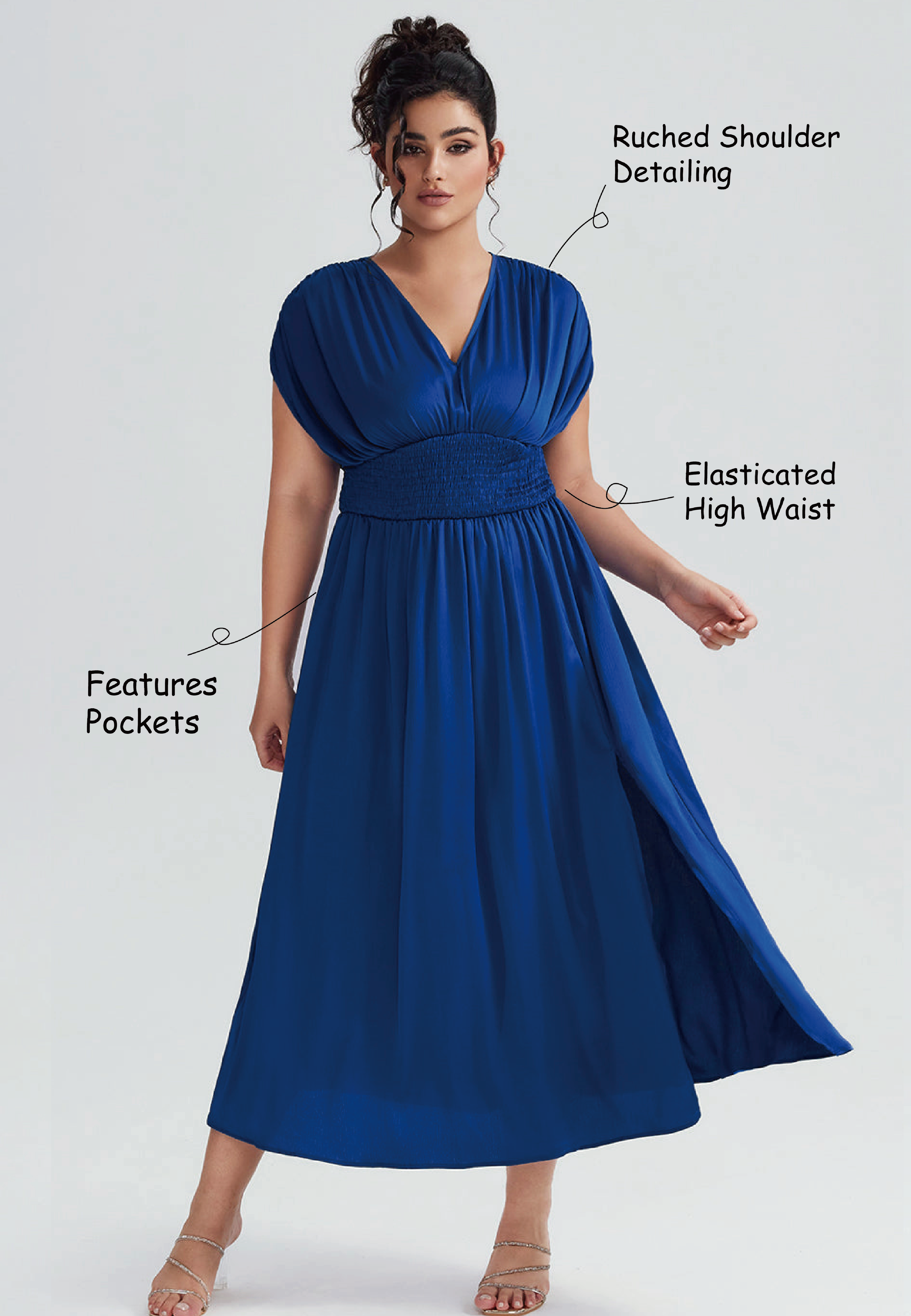 Curveins Plus Size Elegant Sleeveless Ruffled Shirred Maxi Dress