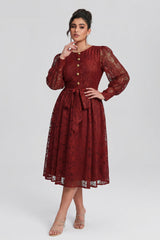 Curveins Plus Size Round Neck Lace Detail Puff Sleeve A-Line Midi Dress