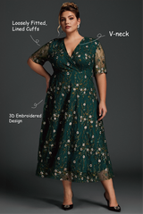 Curveins Plus Size V-Neck Ruffle Sleeve Embroidered Maxi Dress