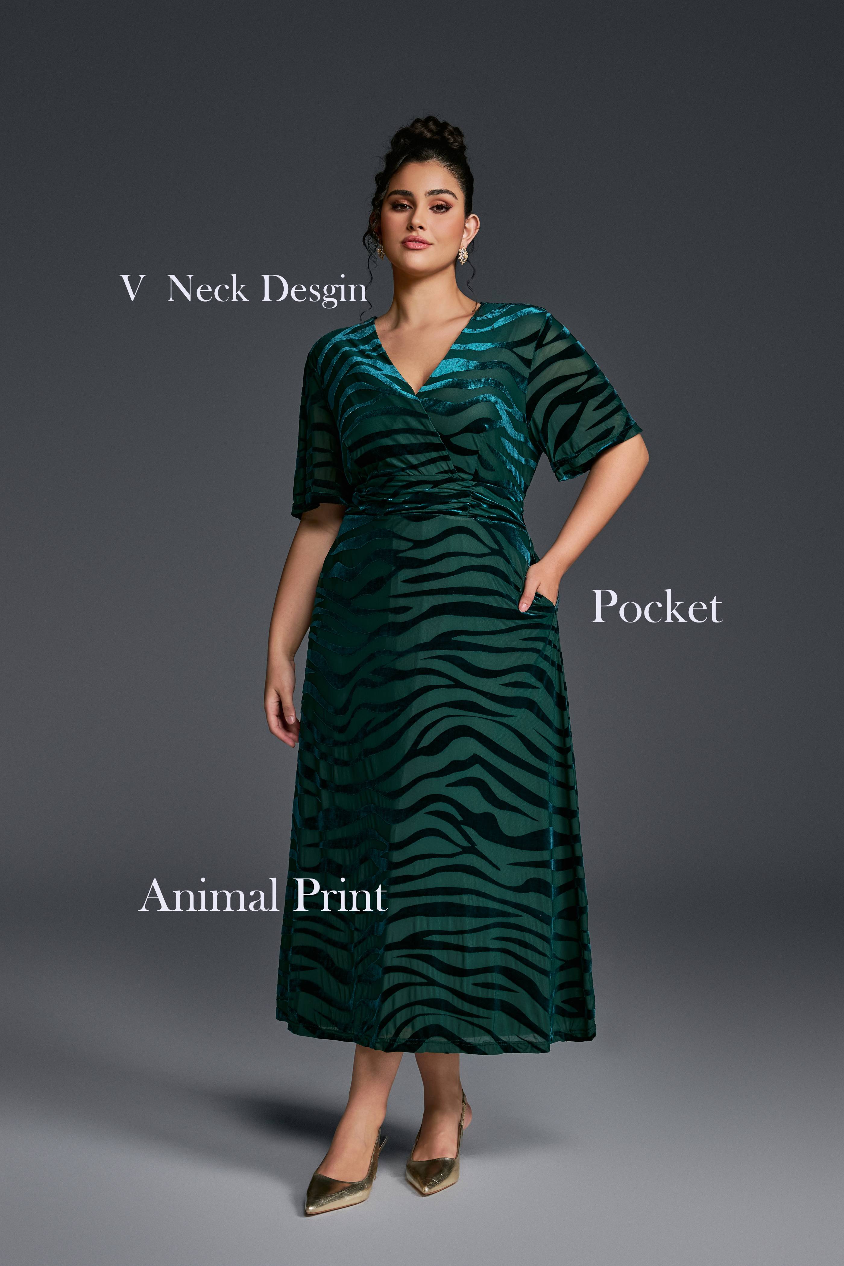 Curveins Plus Size V-Neck Batwing Sleeve Tiger Print Velvet Maxi Dress