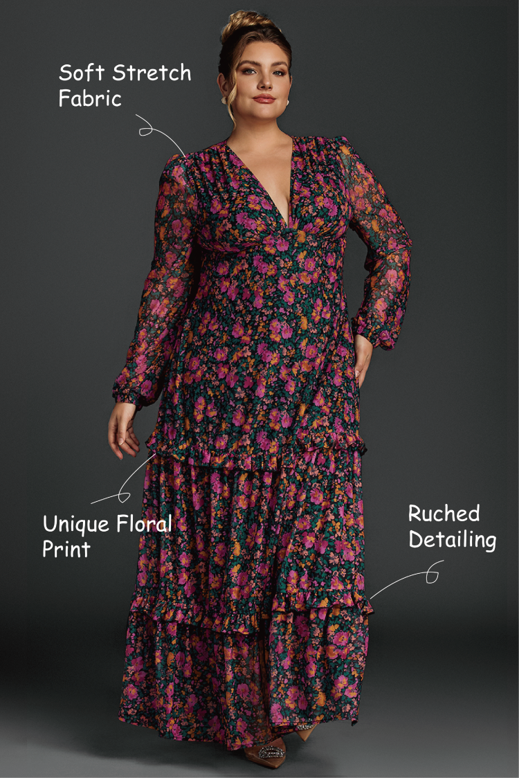 Curveins Plus Size Floral Print Lantern Sleeve Tiered Maxi Dress