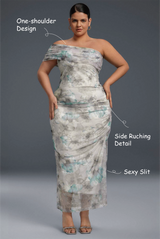 Curveins Plus Size One-Shoulder Floral Mesh Split Hem Maxi Dress