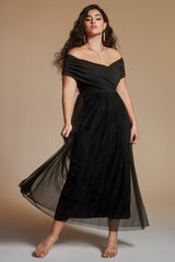 Curveins Elegant off-shoulder black evening dress with pleated tulle skirt.