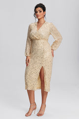 Shimmering Plus Size Gold Dress with Sequins and Flowy Skirt | Curveins