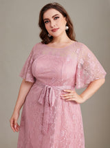Curveins Plus Size Round Neck Batwing Sleeve Lace Tie Waist Maxi Dress