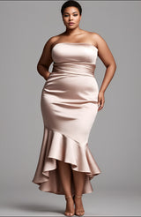 Curveins Plus Size Satin Ruched Strapless Bodycon Dress with Asymmetric Hem