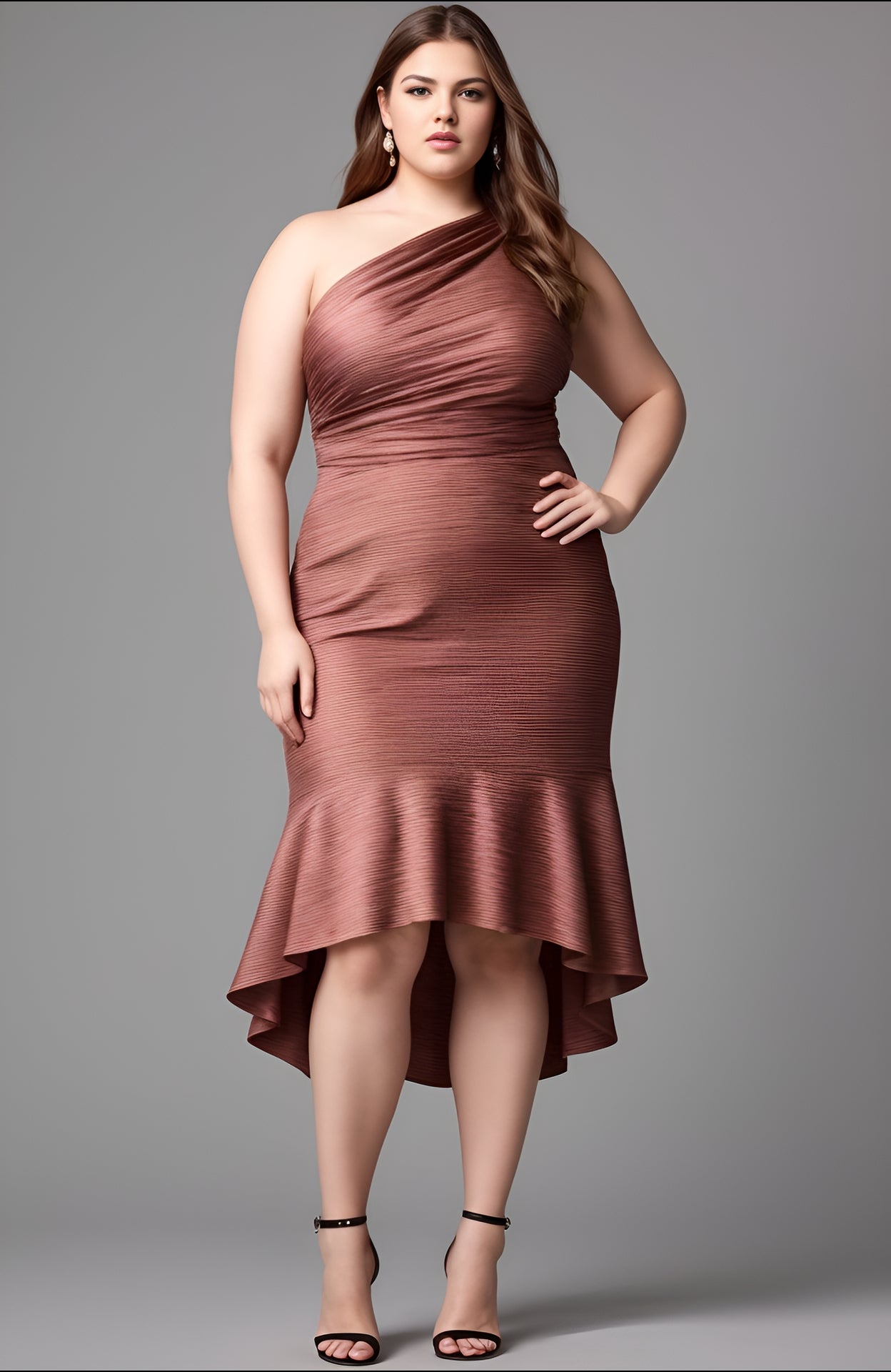 Curveins Plus Size Satin One-Shoulder Ruched Formal Midi Dress