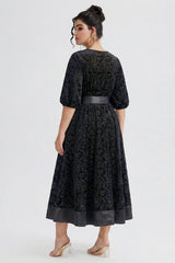 Curveins Plus Size Round Neck Floral Embroidery Belted Velvet Midi Dress