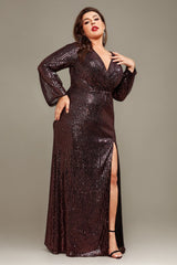 Curveins Plus Size V-Neck Long Sleeve Sequin Maxi Dress with Side Slit