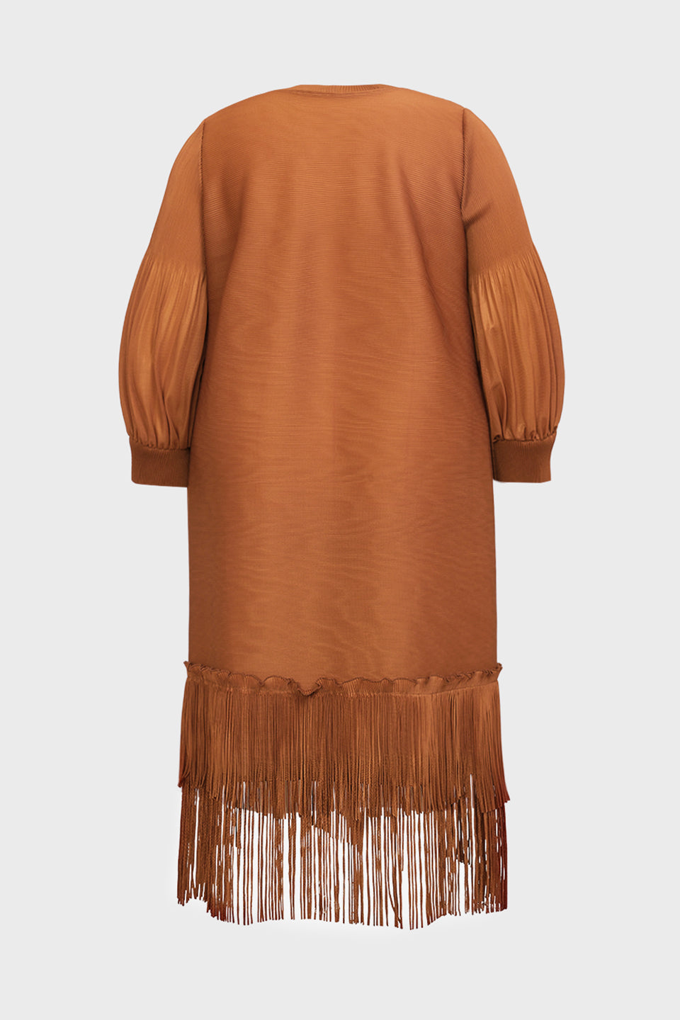 Curveins Plus Size Crew Neck Long Sleeve Stretch Fringe Hem Midi Dress