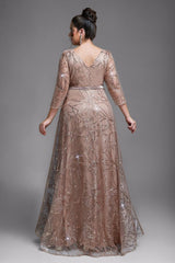 Curveins Plus Size Elegant Round Neck Sequin Floral Waist-Fit Maxi Dress