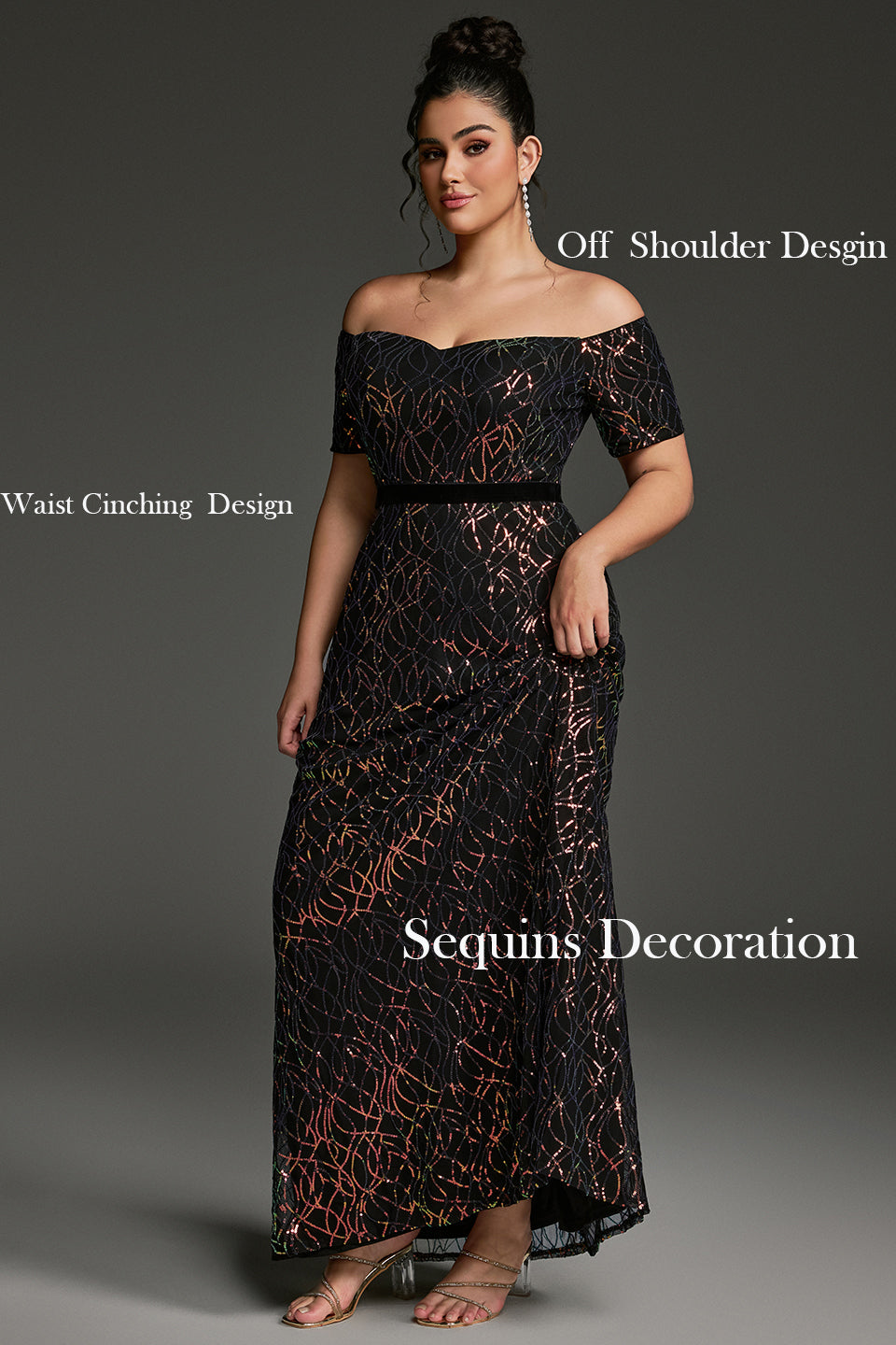 Curveins Plus Size Off-Shoulder Waist Cinched Striped Sequin Maxi Evening Dress