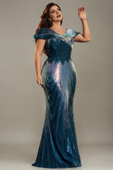 Curveins Plus Size Elegant V-Neck Cap Sleeve Sequin Bodycon Maxi Dress