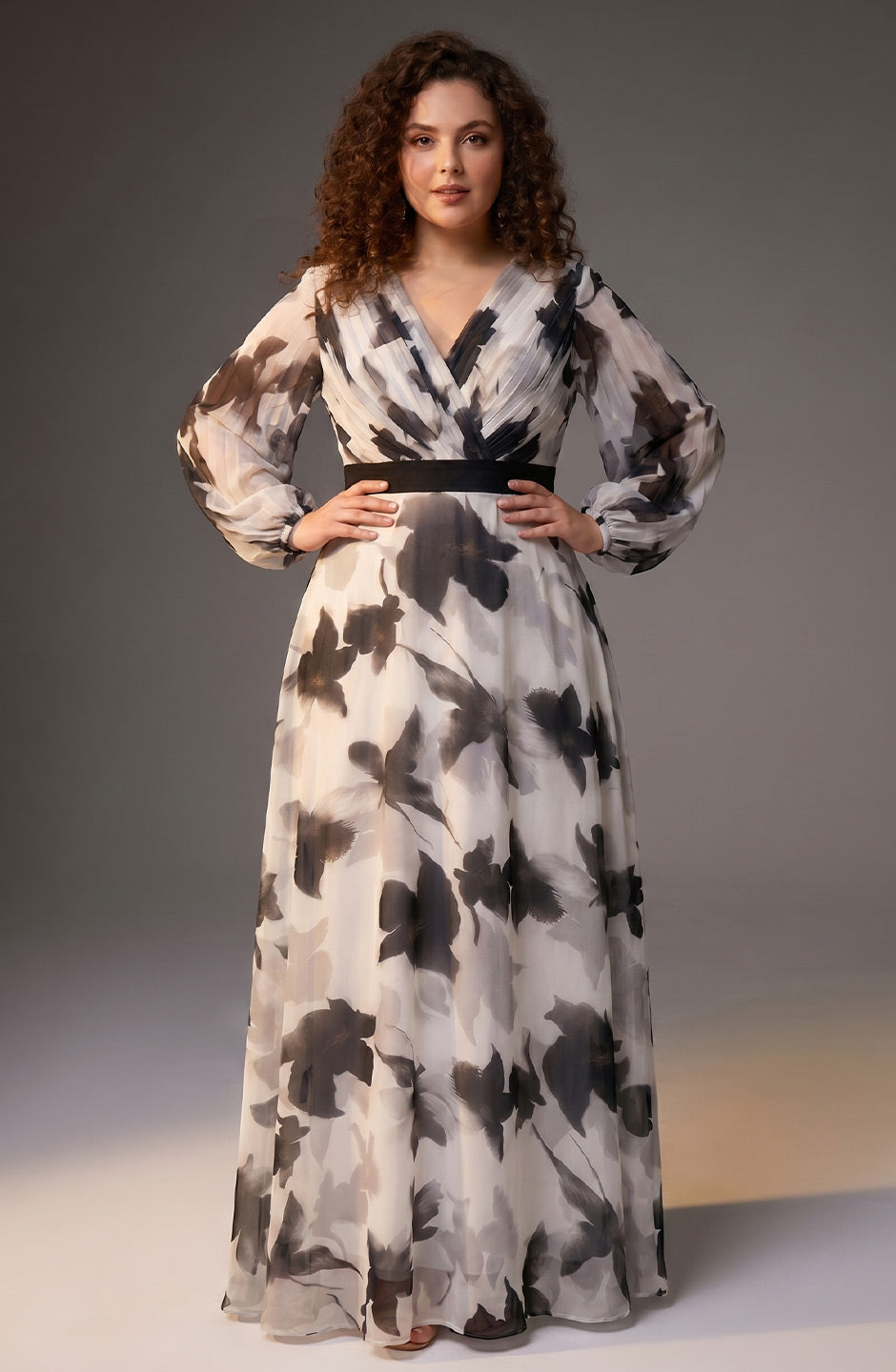 Curveins Plus Size V Neck Maple Leaf Print Long Sleeve Belted Maxi Dress