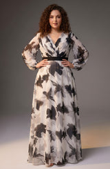 Curveins Plus Size V Neck Maple Leaf Print Long Sleeve Belted Maxi Dress