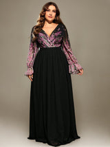 Curveins Plus Size V-Neck Floral Patchwork Maxi Dress with Flattering Flare Sleeves